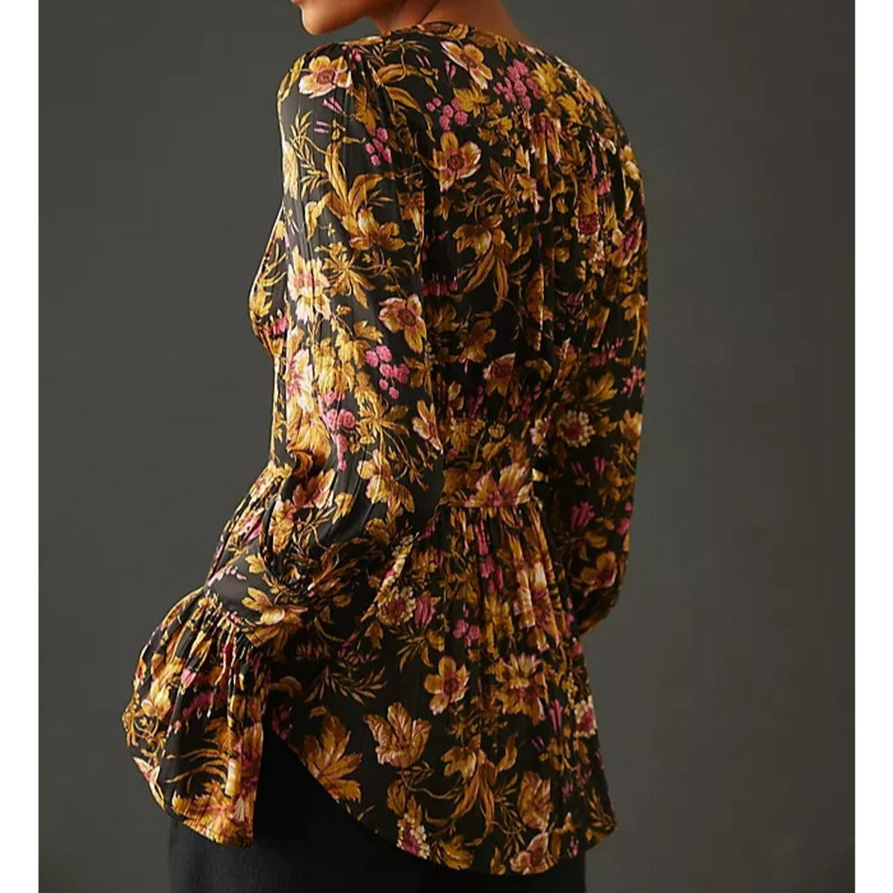Anthropologie Deep V Floral Tunic Blouse Top Size Small Long Sleeves Romantic - Picture 8 of 14